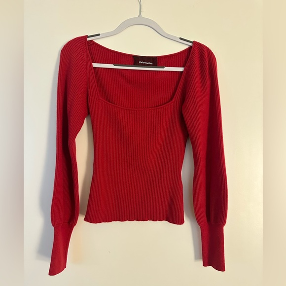 Reformation Red Ribbed Square-Neck Sweater - Picture 2 of 5